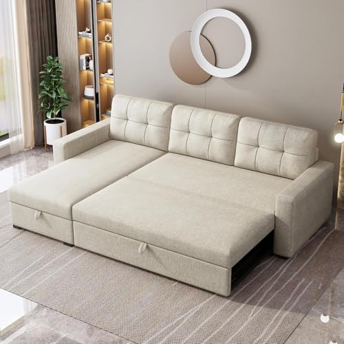Ball & Cast Convertible Sofa Bed with Reversible Storage Chaise,Linen Sleeper Sofa Couch L Shaped Pull Out Couch Bed