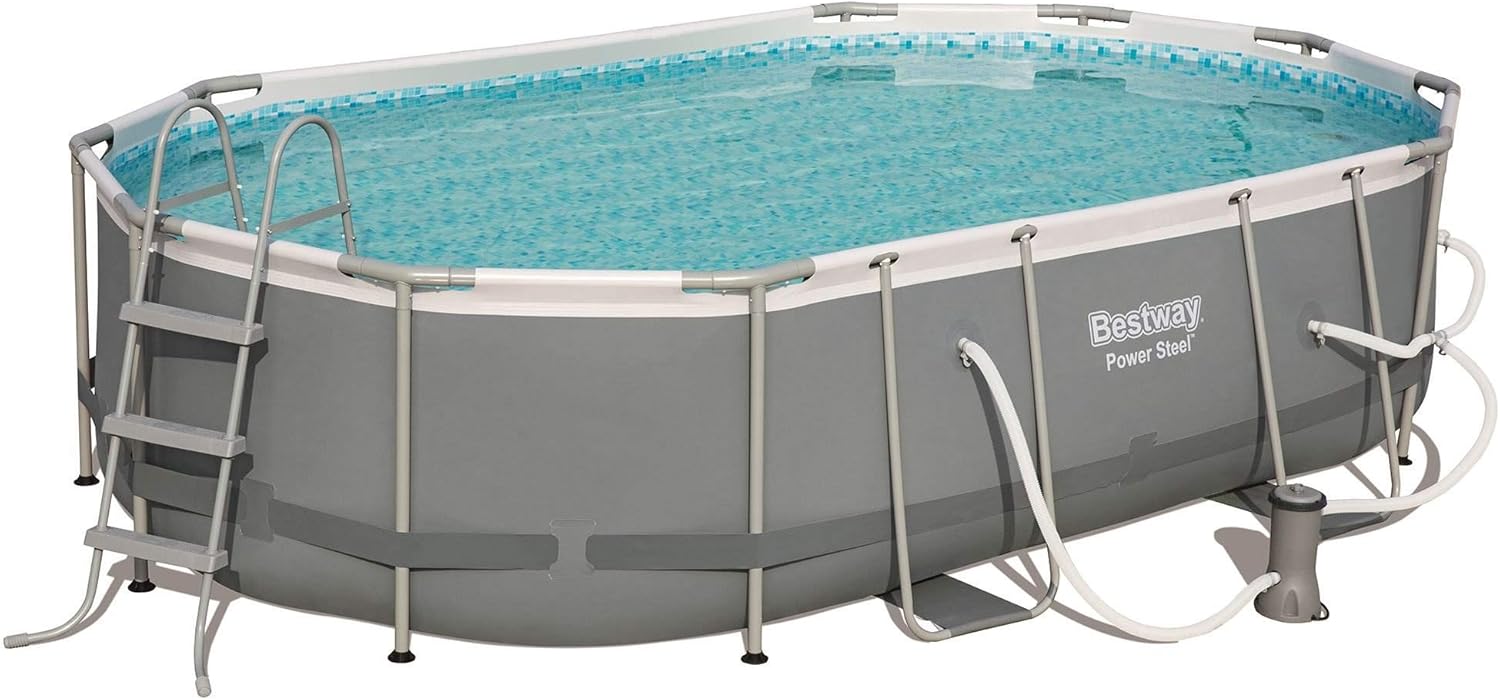Bestway 56711E Power Steel 18' x 9' x 48 Outdoor Oval Frame Above Ground Swimming Pool Set with 1500 GPH Cartridge Filter Pump, Cover, & Ladder, Gray