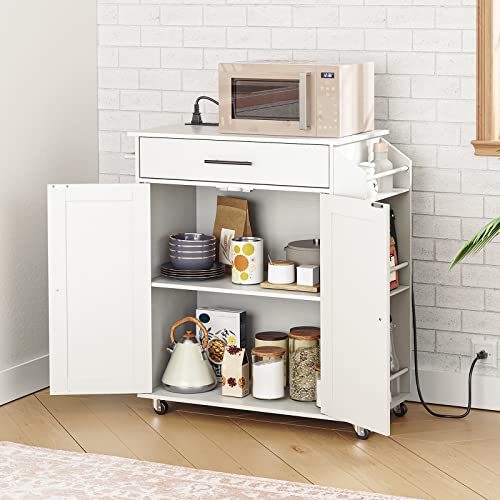 HOOBRO Kitchen Island with Power Outlet, Kitchen Storage Island with Spice Rack and Drawer, Rolling Kitchen on Wheels, for Home, Dining Room