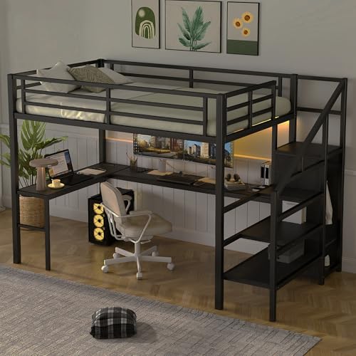 Bellemave Full Size Metal Loft Bed with L Shaped Desk and Wardrobe, Heavy Duty Loft Bed Frame with Storage Stairs