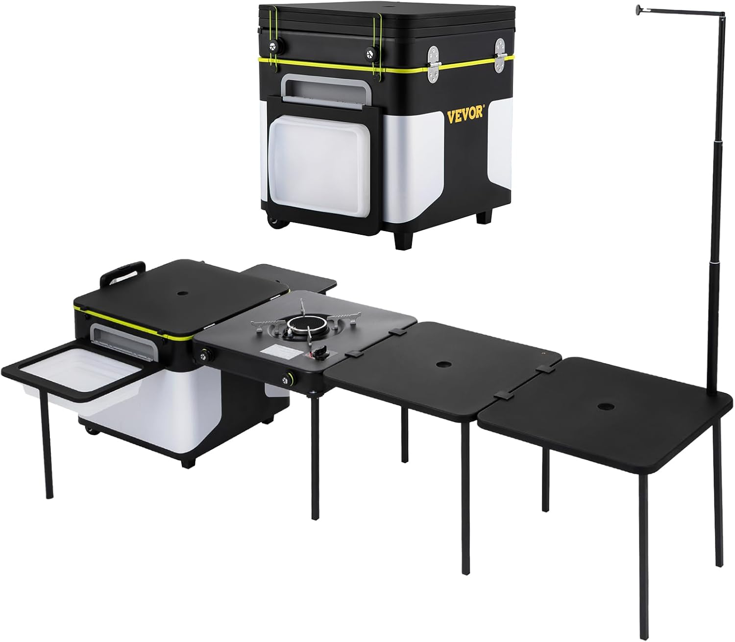 VEVOR Camping Kitchen, Outdoor Cooking Station Multifunctional Integrated Box with Wheels & Windproof Stove Portable Folding Tables Storage Organizer