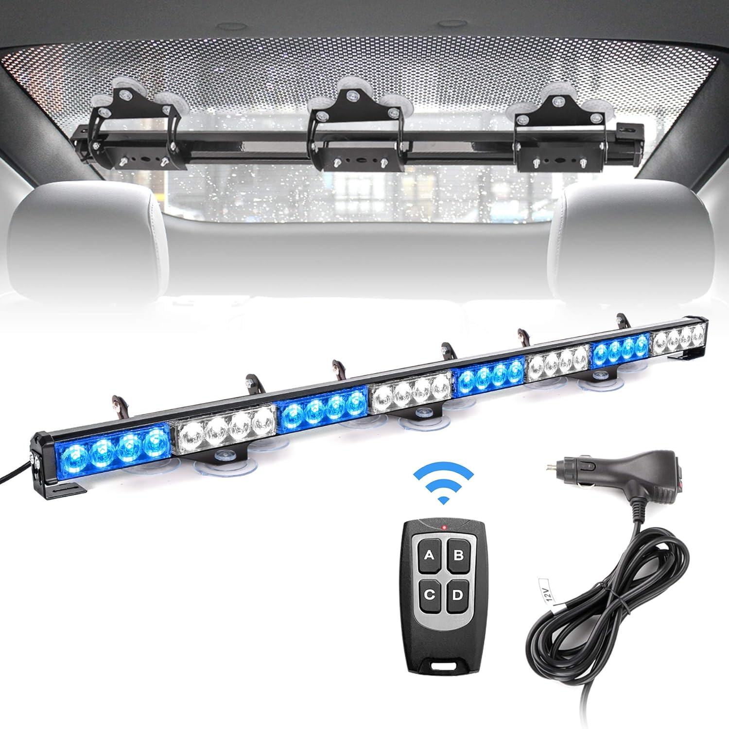 FEELOTAM Amber White Traffic Advisor Emergency Strobe Hazard Warning Light Windshield Safety Lights Bar 35.5 inch 8 Panels for Vehicles with Wireless