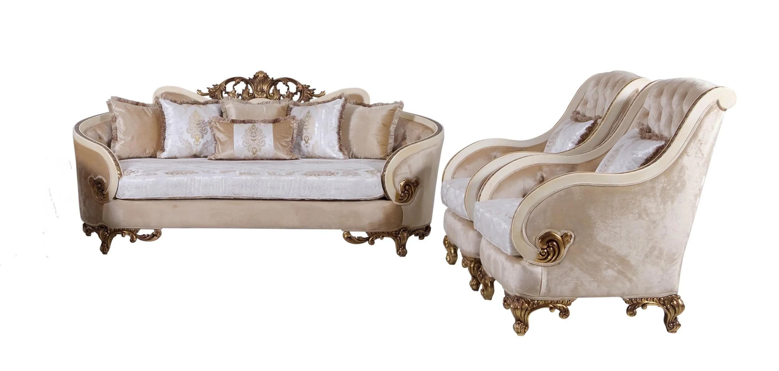 Luxury Beige & Gold Wood Trim ROSABELLA Sofa Set 3 EUROPEAN FURNITURE Classic