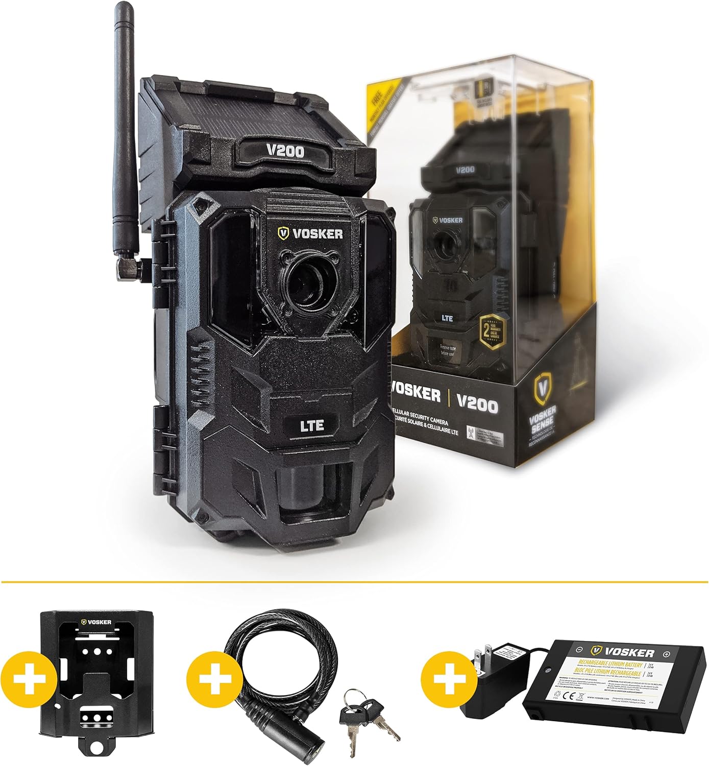 Vosker V200 | Cellular Security Camera | Security Pack | Mobile Phone Photo Notifications | LTE Wireless Built-in Solar Panel | Weatherproof