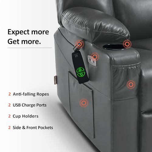MCombo Small Power Lift Recliner Chair with Massage and Heat for Petite People, Cup Holders, USB Ports, Side Pockets, Faux Leather 7569 (Small