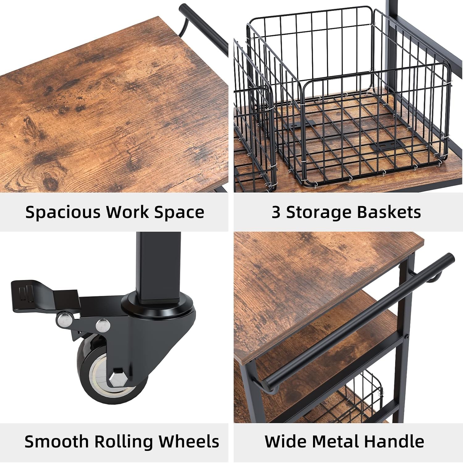 3-tier Kitchen Serving Carts, rolling storage trolley with 3 basket drawers, 45.3" practical microwave oven stand, lockable caster open storage rack