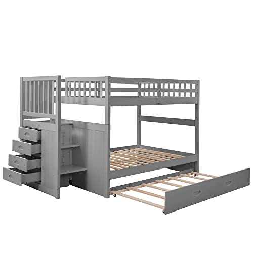 Ball & Cast Full Over Full Bunk Bed with Twin Size Trundle and Built in 4 Drawer,Wood Bunkbed w/Storage Ladder & Slat Support