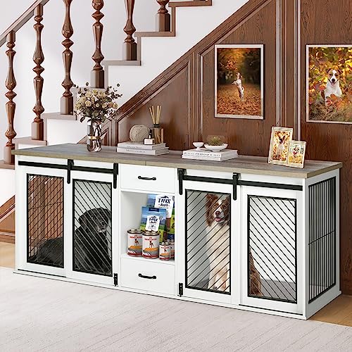 Large Dog Crate, Dog Crates for Medium Dogs, 47.2" Dog Kennel Indoor with Drawers, Feeder Bowls and Storage, 2 Sliding Doors