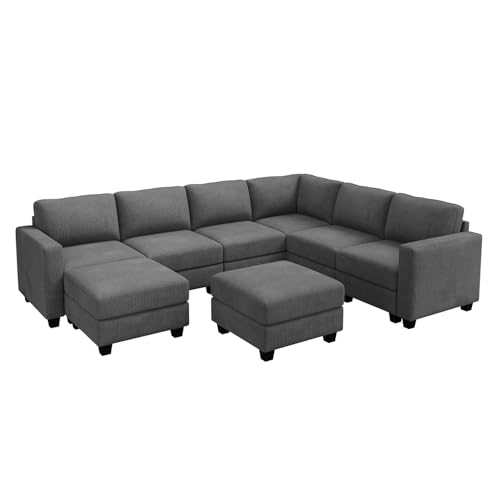 HONBAY Corduroy Modular Sectional Couch with Storage L-Shaped Sectional Couches for Living Room 6 Seater Modular Sofa, Dark Gray