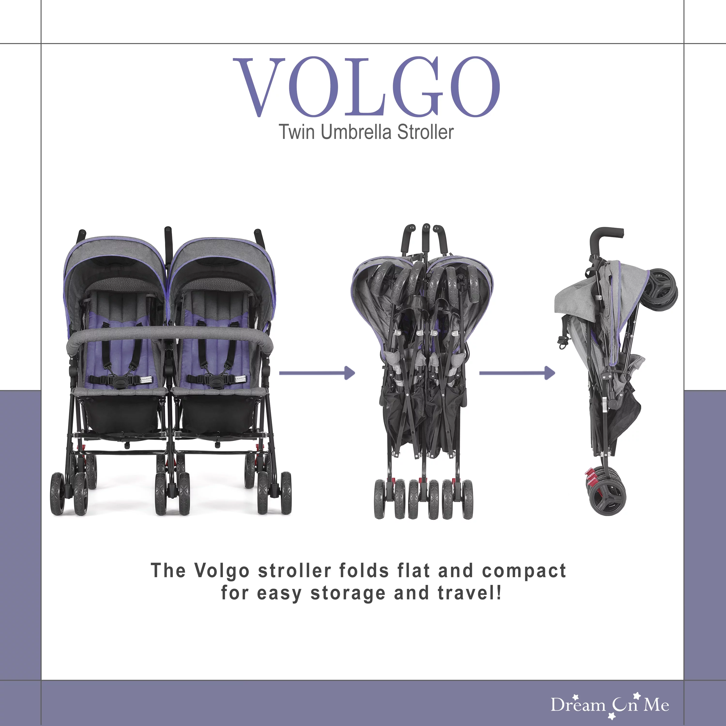 Dream On Me Volgo Twin Umbrella Stroller, Purple and Dark Grey