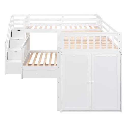 L-Shape Triple Bunk Beds with Stairs and Desk, Wood Twin-Over-Full Bunk Bed with Storage Wardrobe, Shelves and Drawers