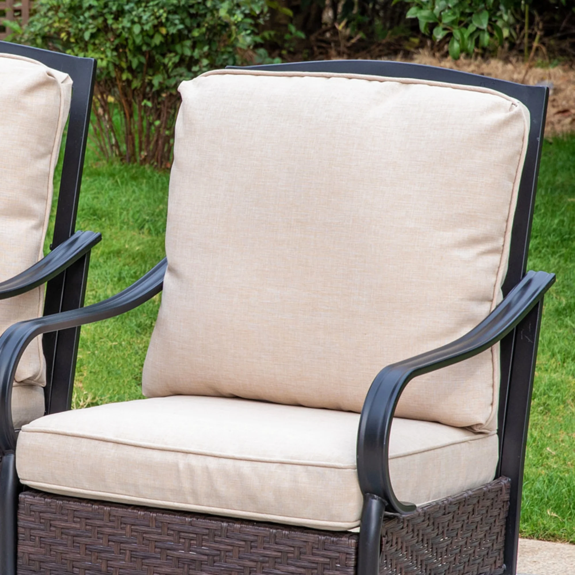 MF Studio 5-Piece Patio Conversation Set with 4 Swivel Wicker Cushioned Chairs & Fire Pit Table, 50,000 BTU, Black & Beige