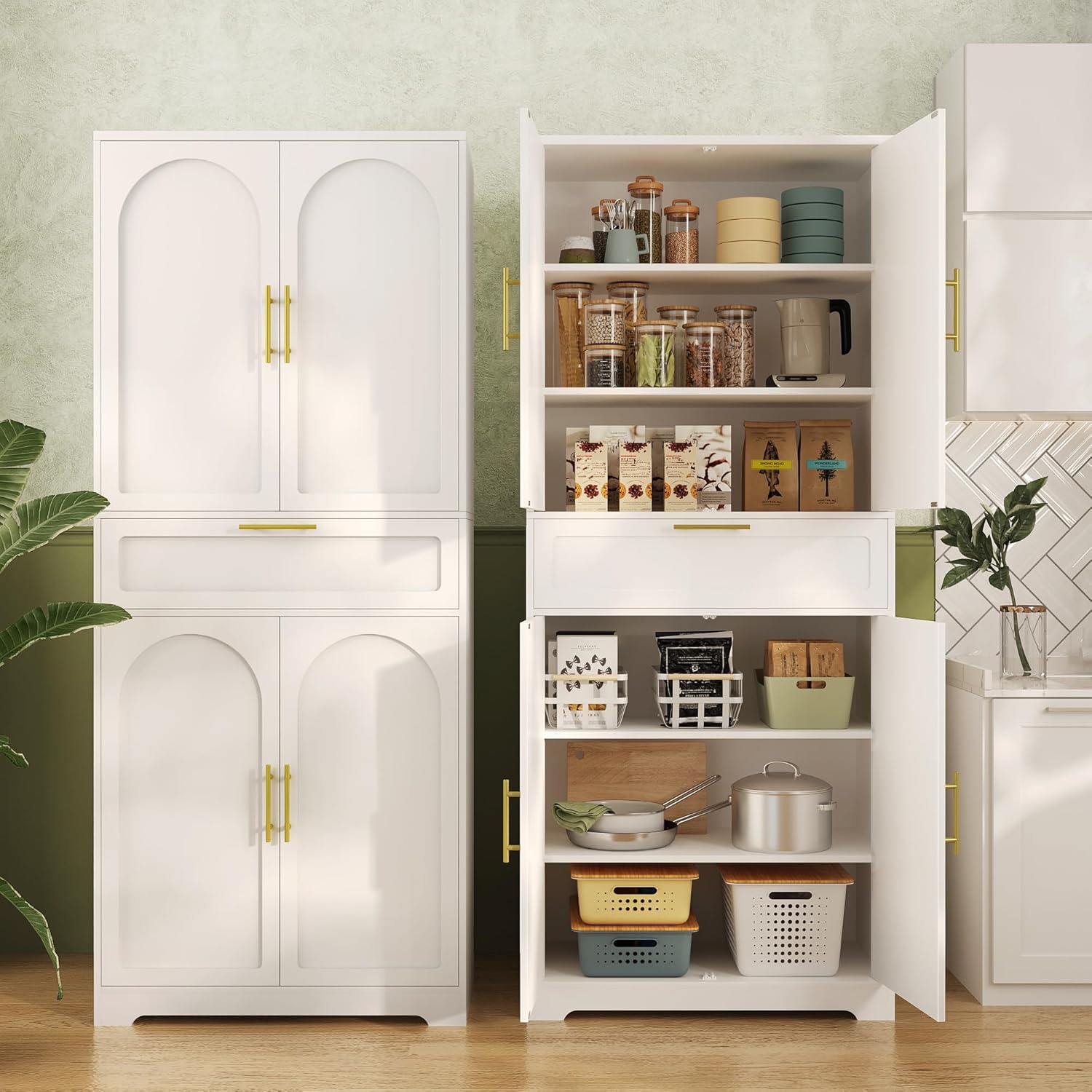 71" Kitchen Pantry Storage Cabinet, Tall Storage Cabinet with Adjustable Shelves, 1 Drawer, 4 Doors, Freestanding Cupboards Sideboard for Dining Room