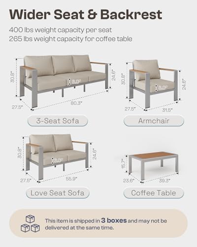 Aluminum Outdoor Patio Furniture Set with Coffee Table, 4 Piece Patio Conversation Sets with Washable Thick Cushions