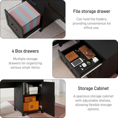 Farmhouse 61'' Executive Desk with 5 Drawers, Rustic Office Desk Computer Desk with Charging Station, File Drawers and Storage Cabinet