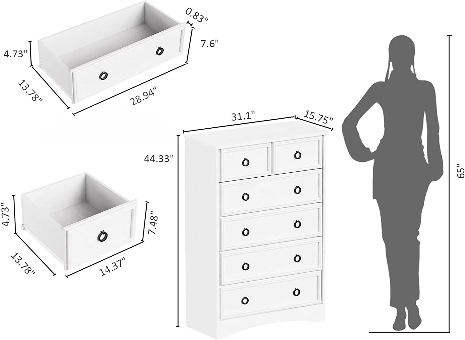 6 Drawer Dresser, White Wood Chest of Drawers Dressers for Bedroom, Living Room