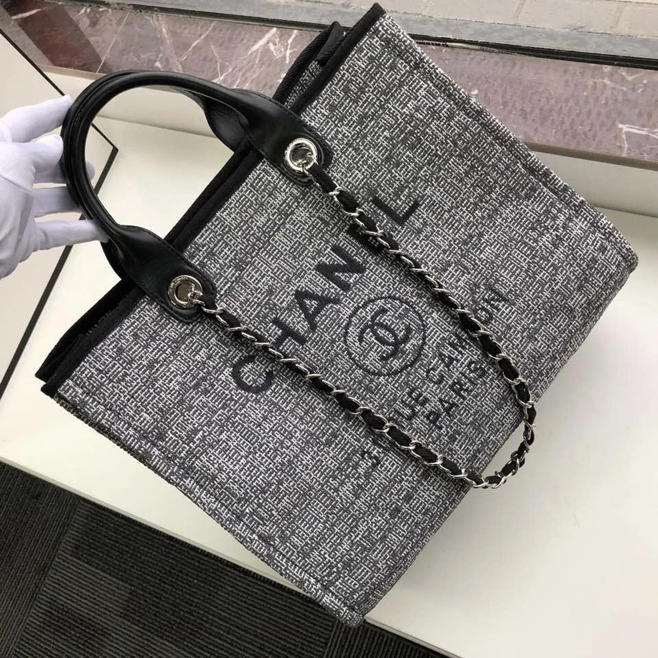 Chanel Deauville Tote Raffia Canvas Bag Black/White For Women 14.9in/38cm