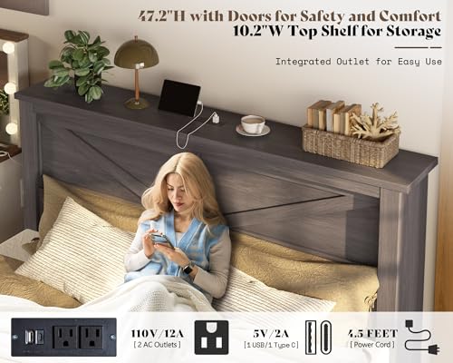 AMERLIFE 47.2" H King Bed Frame with Hidden Space Bookcase Headboard and Charging Station, Beds with 2 Storage Drawers and Wood Slats