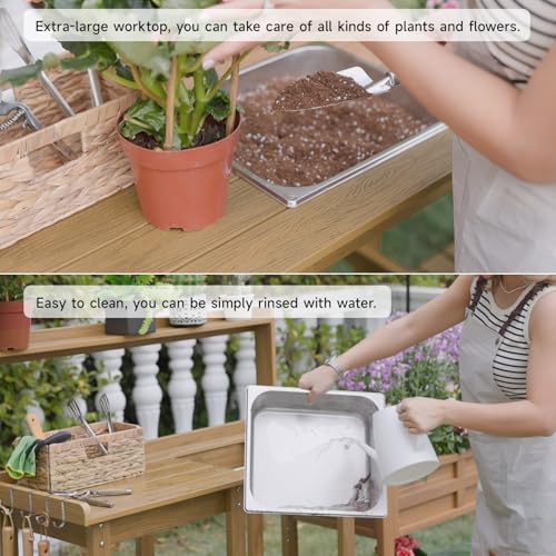 Potting Bench, Outdoor Potting Bench Table with Removable Sink, HDPS Potting Benches for Outside, Garden Table with Storage Shelves & 4 Side Hooks