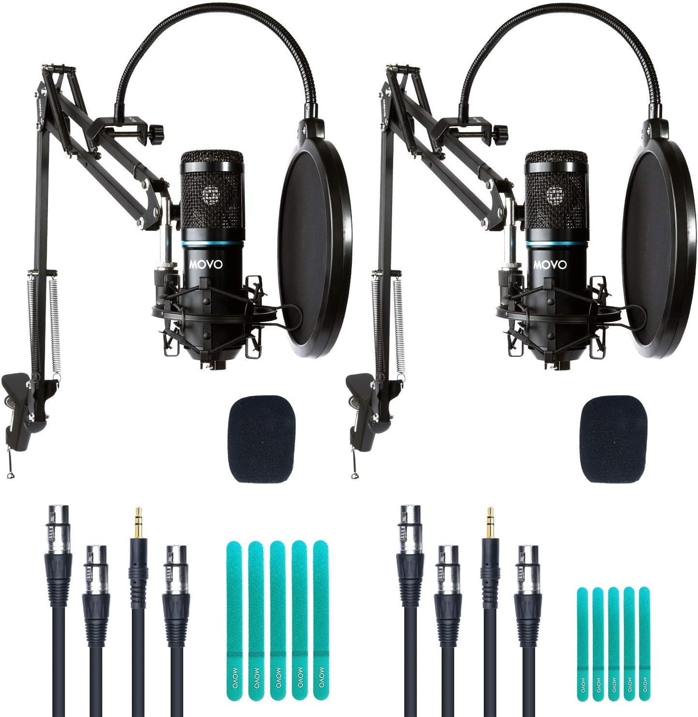 Movo 2-Pack Universal Cardioid Condenser Microphone Kit with Articulating Scissor Arm Mic Stand, Shock Mount and Gooseneck Pop Filter