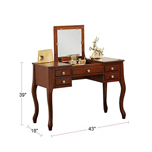 Poundex F4147 Bobkona Cailyn Flip Up Mirror vanity Set with Stool in Cherry