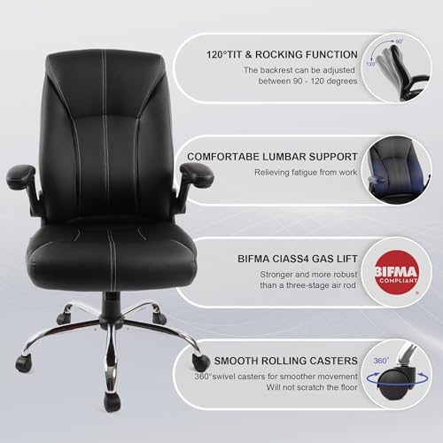 Big and Tall Office Chair for Heavy People 400lb, Executive Desk Computer Chair Adjustable Flip-up Armrests