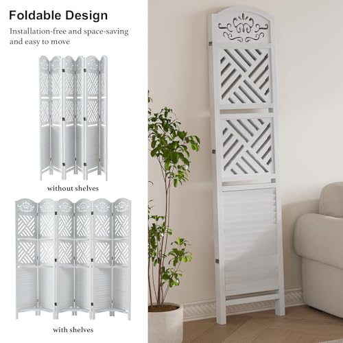 Room Divider with Shelves, 5.75ft Tall Folding Wood Carved Screen with Double Hinges for Home Office Bedroom Hotel Decoration (6 Panels, Natural)