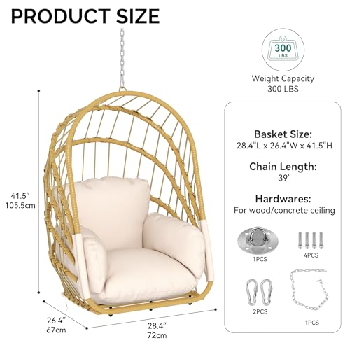 YITAHOME Hanging Egg Chair Without Stand, Rattan Wicker Swing Egg Chair with Light String & Resistant Cushion, 300lbs Capacity