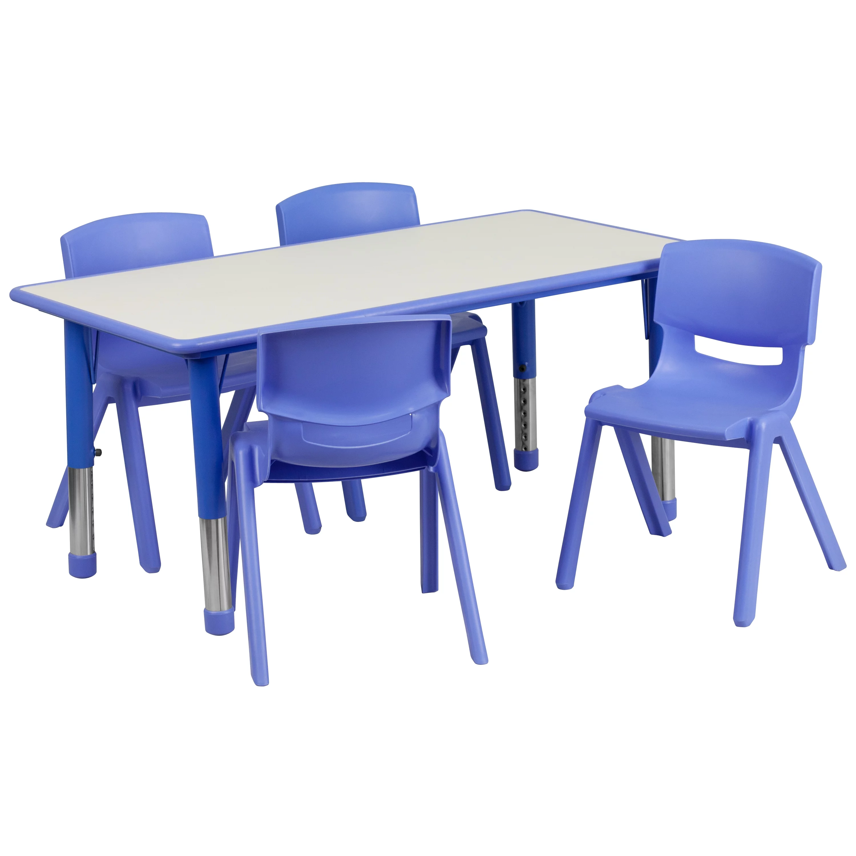 Flash Furniture 23.625''W x 47.25''L Rectangular Blue Plastic Height Adjustable Activity Table Set with 4 Chairs