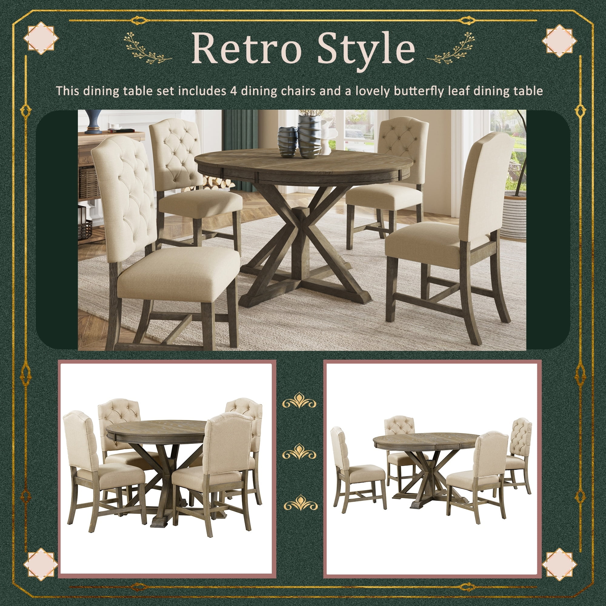 5 Piece Dining Table Set with Extendable Table & 4 Upholstered Chairs
