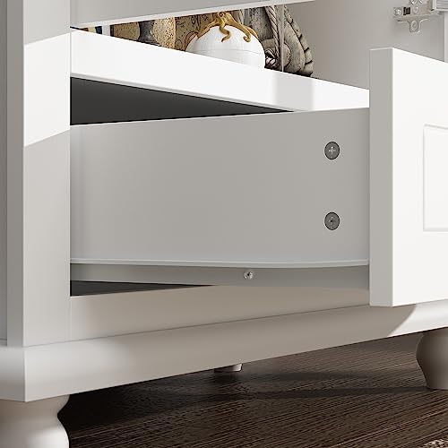 Hitow Tall Bookshelf White Bookcase with Glass Doors, Wooden Display Cabinet with 4-Tier Shelf & 2 Drawers, Pantry Cabinet for Home Office