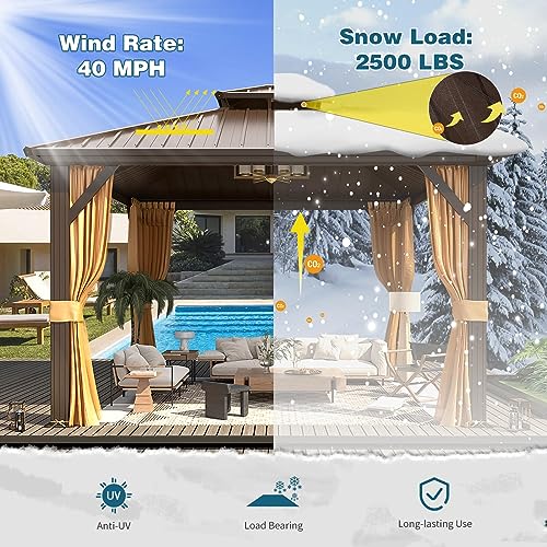MELLCOM 10'x13' Hardtop Gazebo with Polycarbonate Double Roof, Aluminum Frame Outdoor Gazebo Permanent Pavilion with Curtains and Netting for Patio