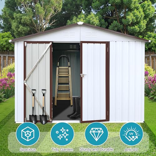 8x6 FT Outdoor Storage Shed, Metal Tool Shed with Lockable Doors, Peaked Roof & Frame Floor