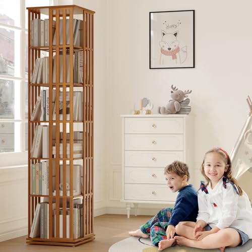 Rotating Bookshelf Tower, 360 Display Spinning Bookcase, Bamboo Bookshelf Floor Standing Storage Rack
