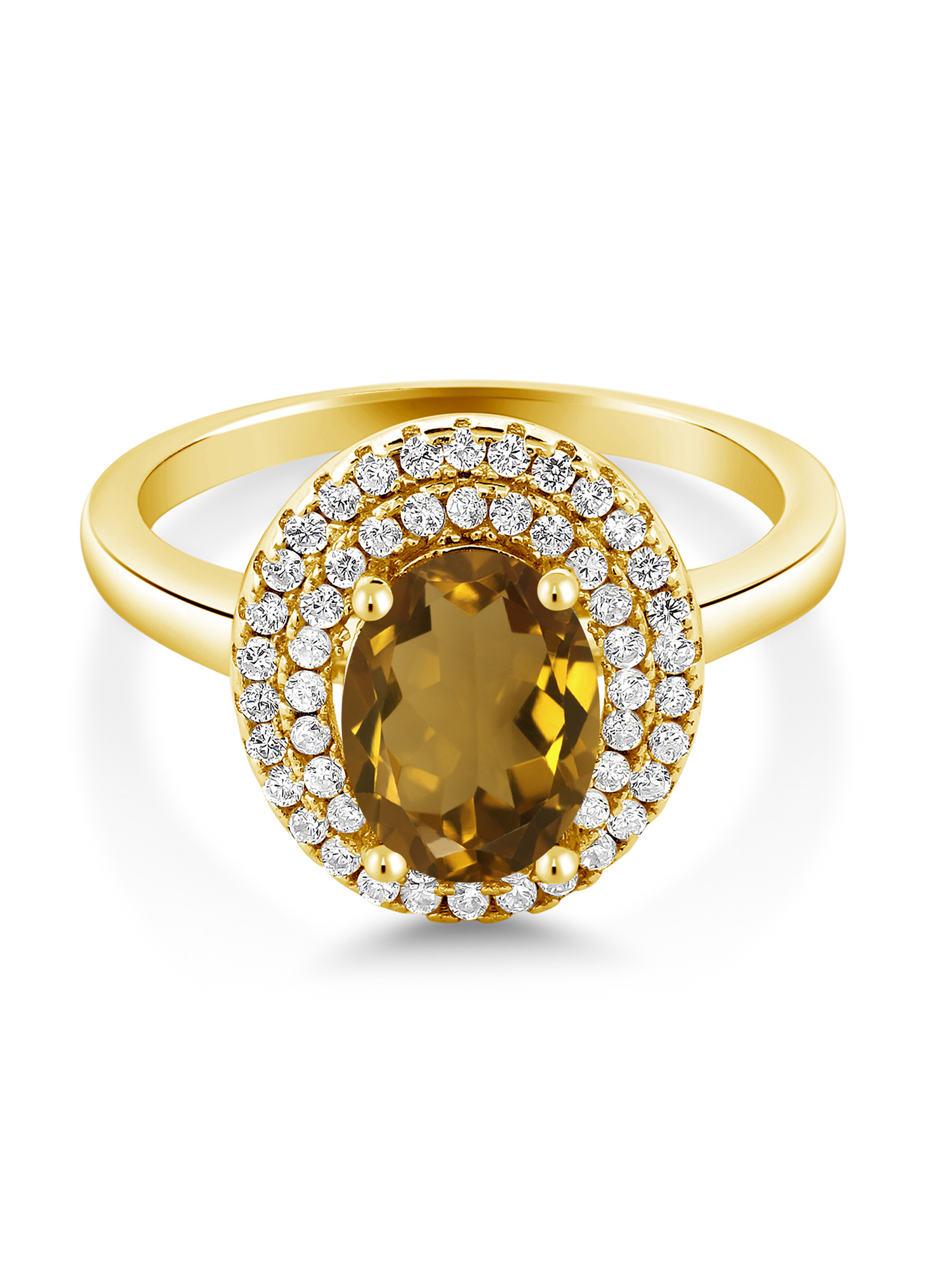 Gem Stone King 18K Yellow Gold Plated Silver Oval Whiskey Quartz Halo Engagement Ring For Women (2.20 Cttw, Gemstone Birthstone, Oval 8X6MM, Size 6)