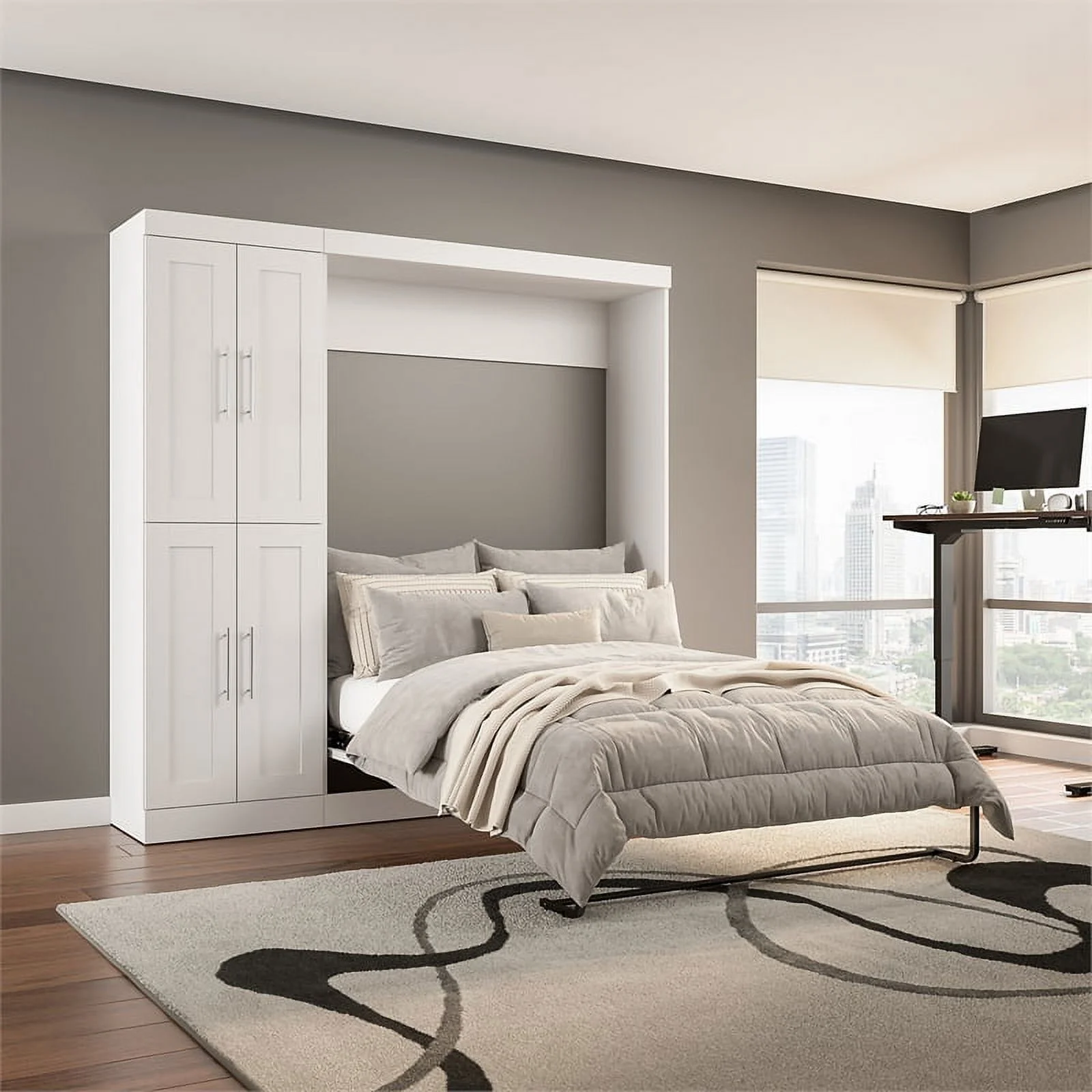 Bestar Pur 84W Engineered Wood Full Murphy Bed with Closet Organizer in White