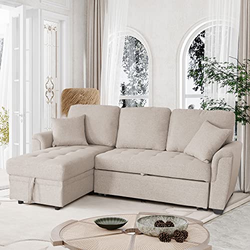 Aoowow Upholstered Sectional Sofa with Reversible Storage Chaise Lounge, Linen Fabric Pull Out Sofa Bed with 2 Throw Pillows, 86 Inch L-Shaped Couch