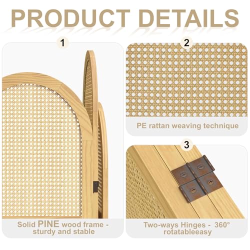 Room Divider and Folding Privacy Screens, Pine Wood 5.6 Ft Double Hinged Rattan Partition Freestanding Wall Room Divider for Home - 3 Panels
