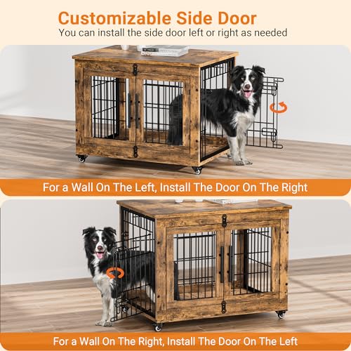 Lulive Dog Crate Furniture for Medium Dogs, 32'' Dog Kennel Indoor with Cushion & Wheels Wooden Dog Cage Double Doors Dog Crate End Table, Grey