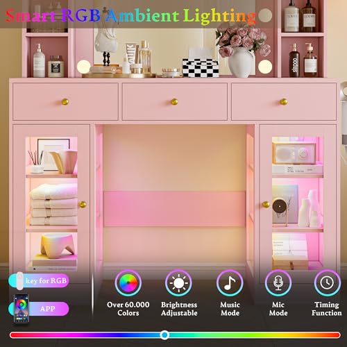 Makeup Vanity Desk with Mirror and Lights, White Vanity with Glass Top, LED Lights & Power Outlet, 3 Drawers & 2 RGB Glass Cabinets
