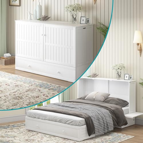 BALUS Queen Murphy Bed Cabinet, Murphy Beds with USB Charging Station, Foldable Mattress