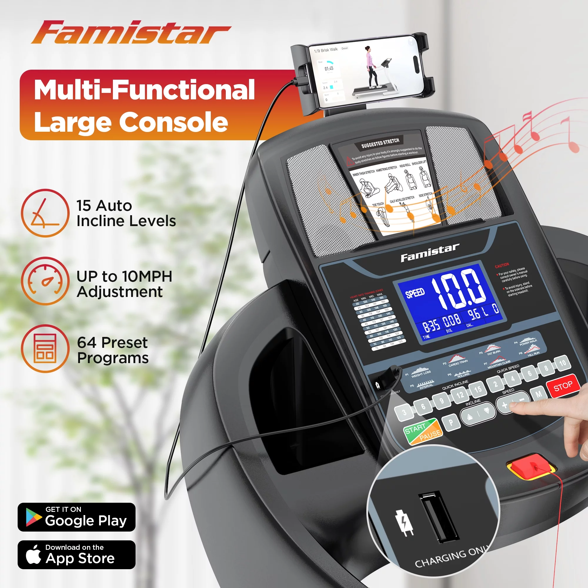 Famistar 4.5HP Portable Folding Treadmill 300 LB Capacity for Home w/ 15-Level Auto Incine, Smart APP Control, HiFi Stereo Bluetooth Speakers