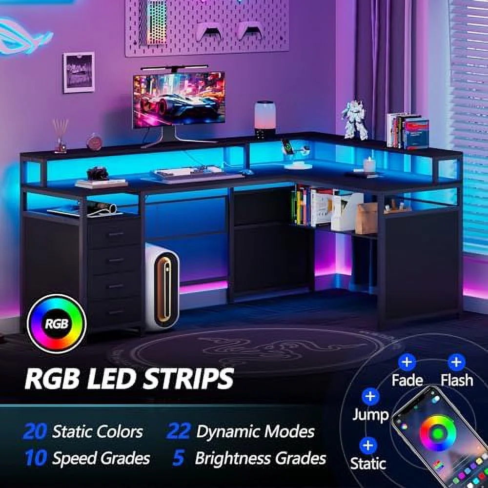 ZFGSUIJN L Shaped Desk with LED Lights &amp; Power Outlets  Reversible Home Office Desk with Drawers &amp