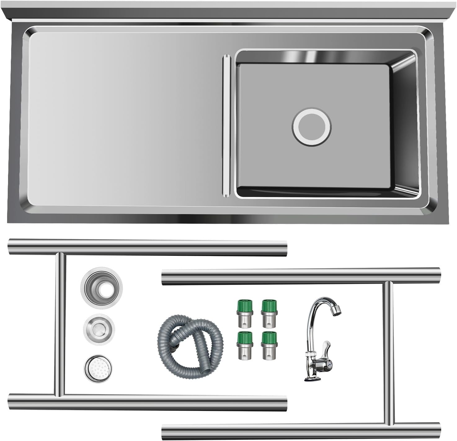 Stainless-Steel Commercial Restaurant Kitchen Sink Set with Faucet Single Bowl, Free Standing Basin w/Workbench & Storage Shelves for Kitchen