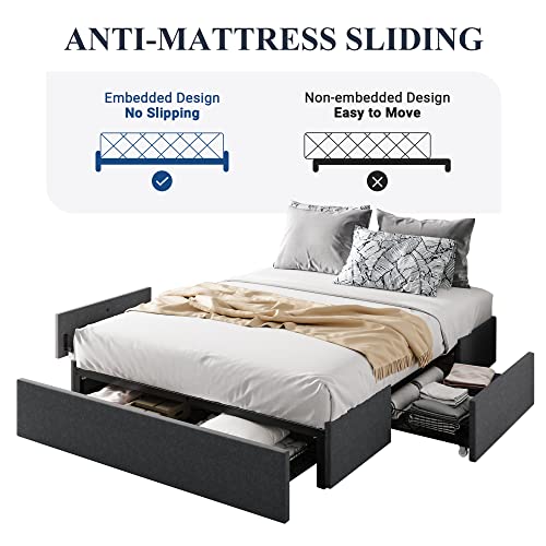 Allewie Queen Size Platform Bed Frame with 3 Storage Drawers, Fabric Upholstered, Wooden Slats Support, No Box Spring Needed, Noise Free