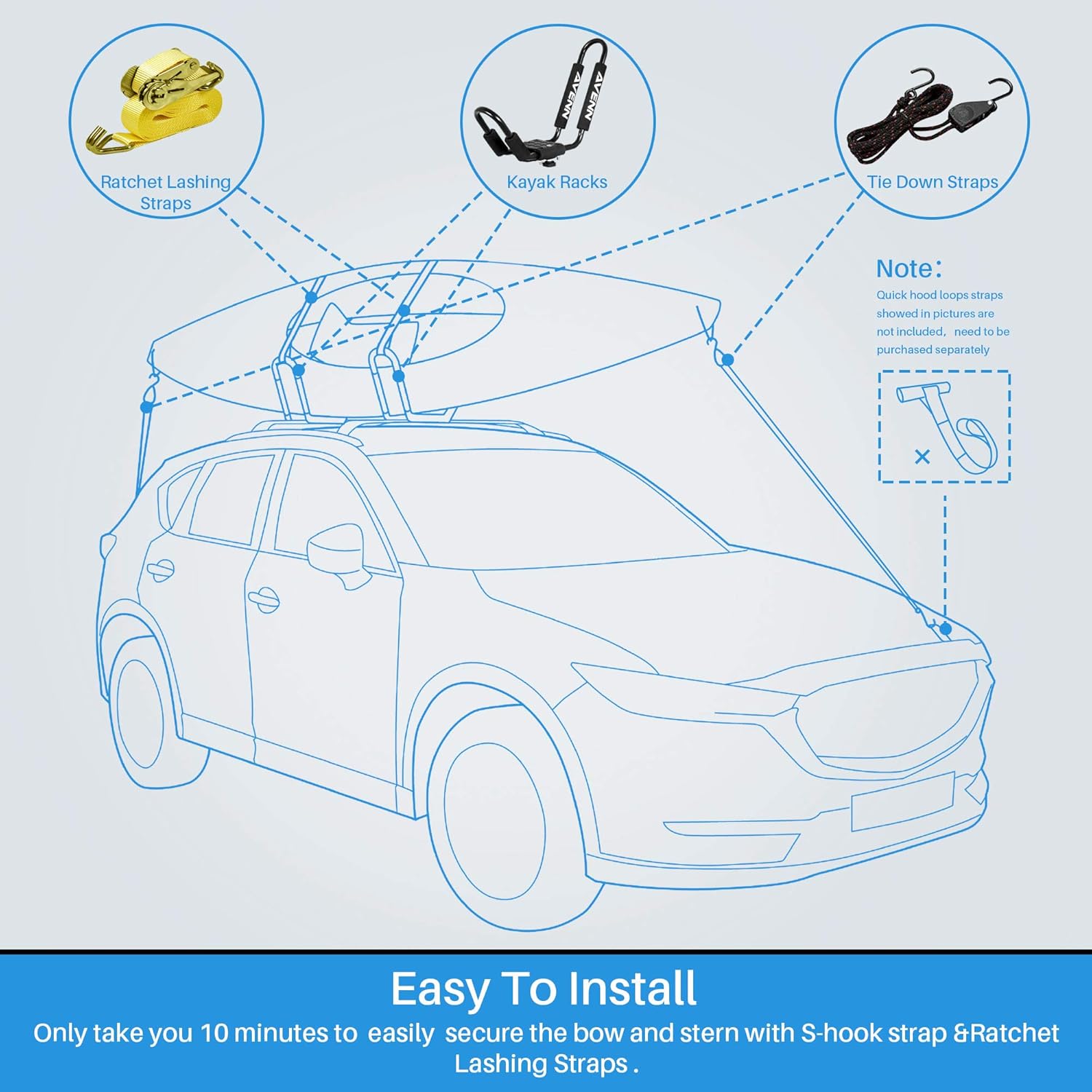 AVENN Rooftop J-Bar Kayak Rack for Canoe, Skis, Paddleboard or Surfboard, Heavy Duty Boat Carrier, Camping Storage Roof Mount for Car