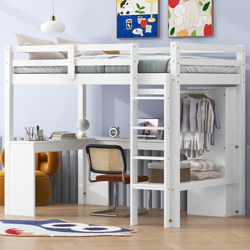 SOFTSEA Full Size Loft Bed with Desk & Wardrobe, Wood Loft Bunk Bed with Storage Shelves and Cabinets