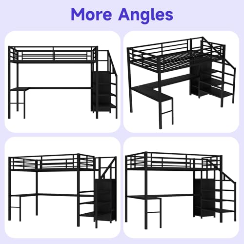Full Size Metal Loft Bed Heavy-Duty Loft Bed Frame, LED Loft Bed Frame with L Shaped Desk, Wardrobe, Storage Stairs