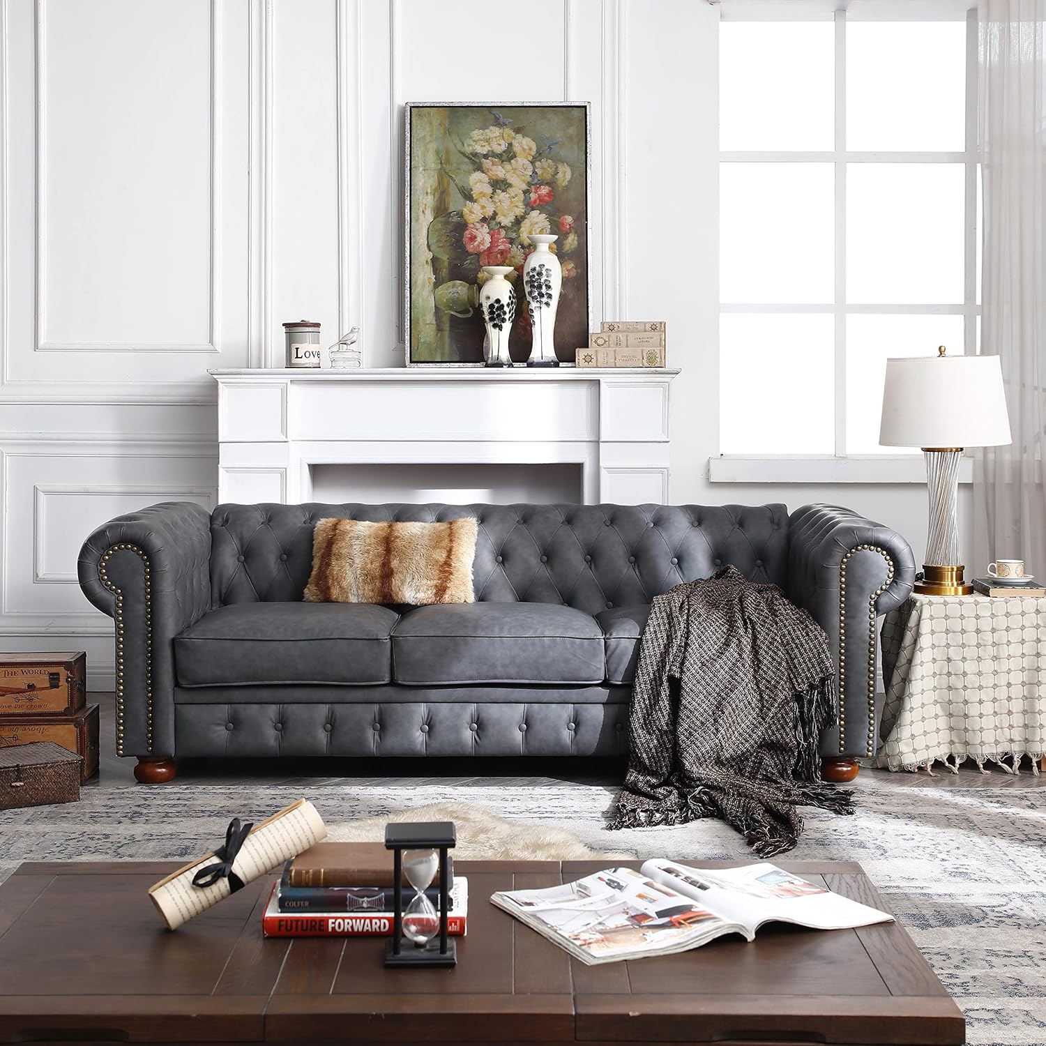 Classic Chesterfield Sofa Dark Grey Faux Leather