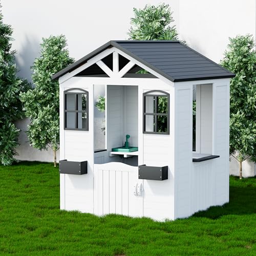 All Spruce Outdoor Kids Playhouse, Toddler Playhouse Wooden Playhouse for Kids Ages 3-10, with Sink, Stove, Flower Pot Holders, Phone
